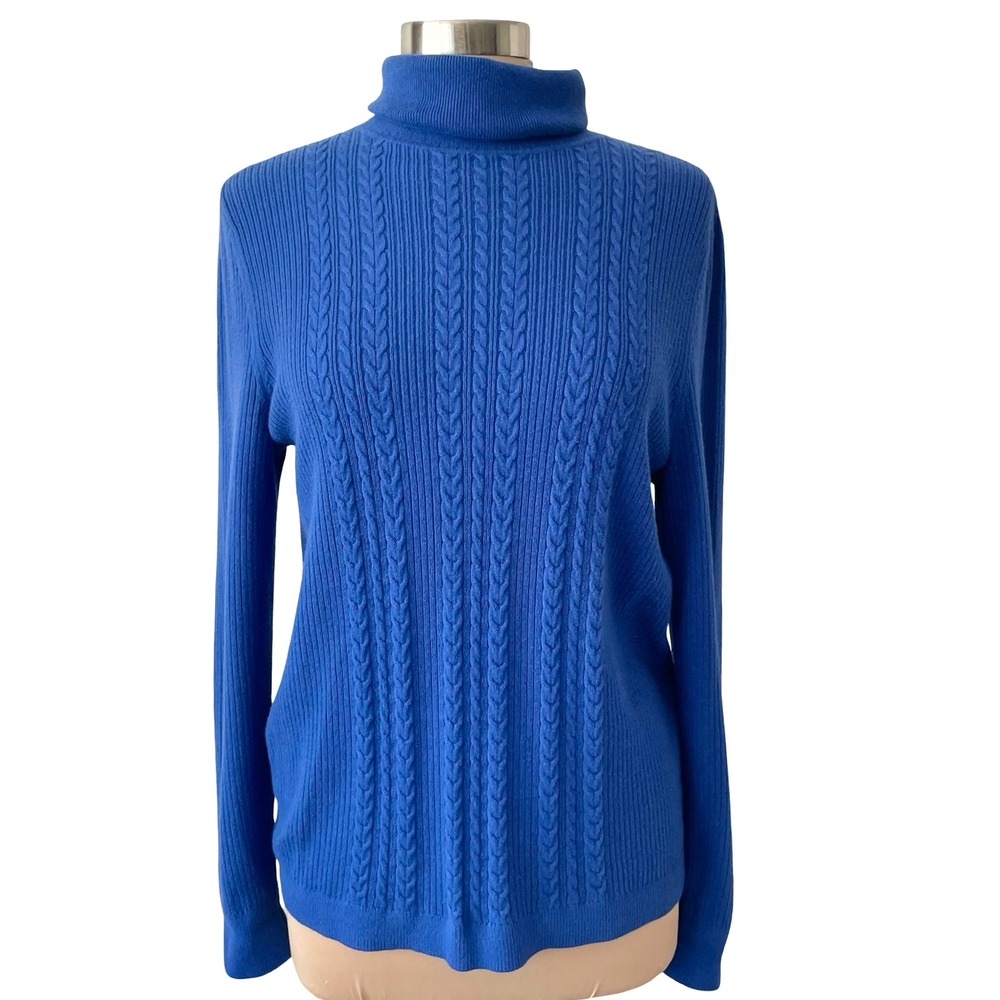 Talbots Cobalt Blue Cable Knit Turtleneck Sweater Sz XL Classic Coastal Winter